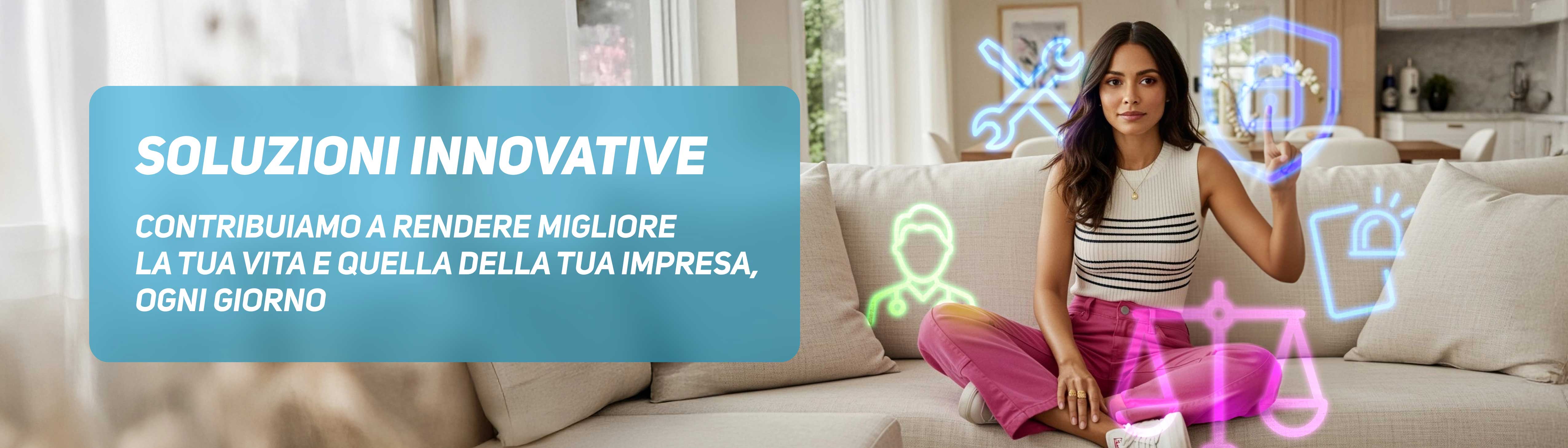 Donna seduta sul divano circondata da icone digitali, simbolo di servizi innovativi e soluzioni smart