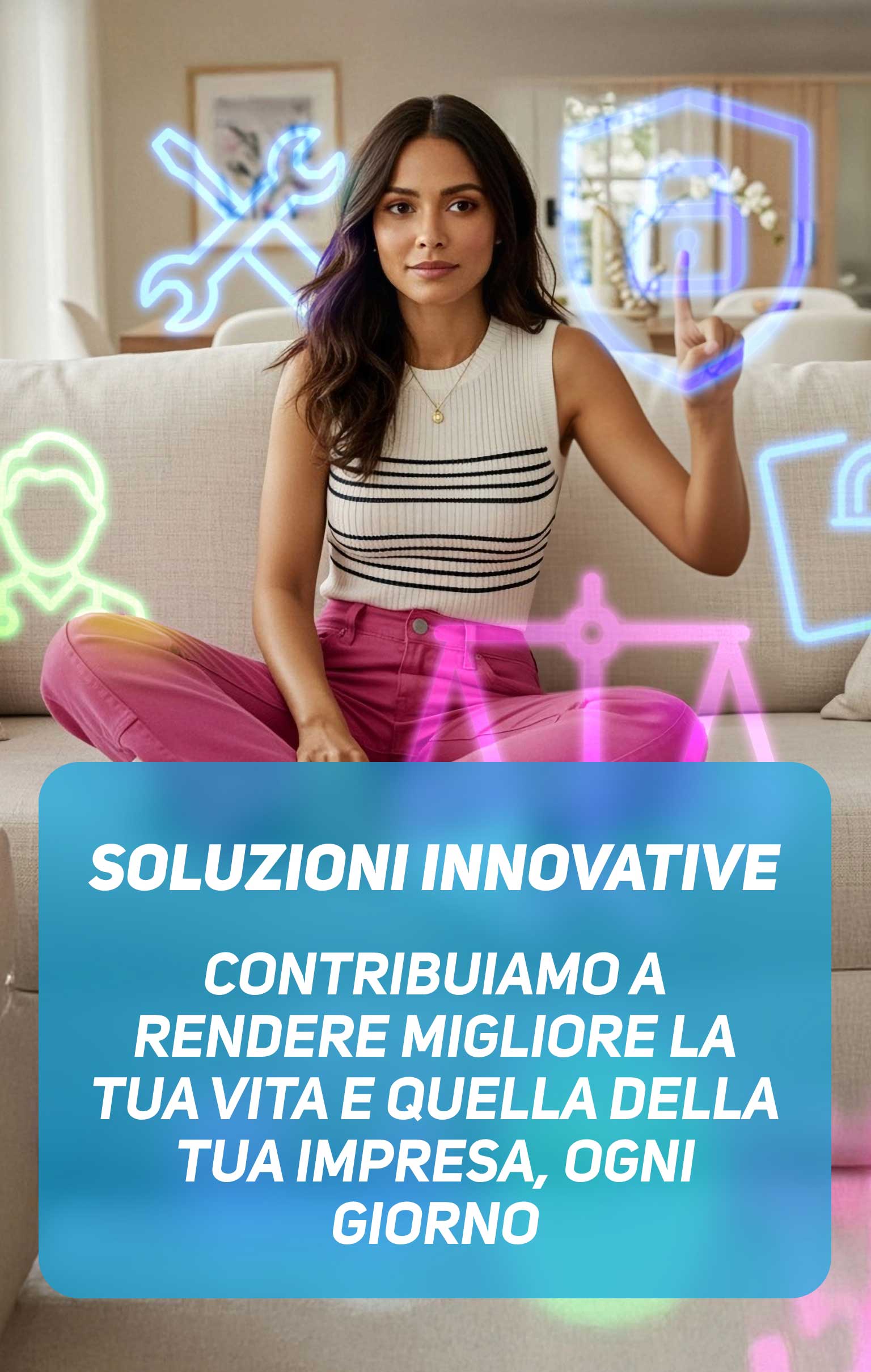 Donna seduta sul divano circondata da icone digitali, simbolo di servizi innovativi e soluzioni smart